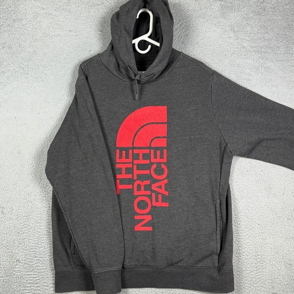 The North Face Hoodie Mens XL Grey Red Vertical Logo Graphic Print Sweatshirt